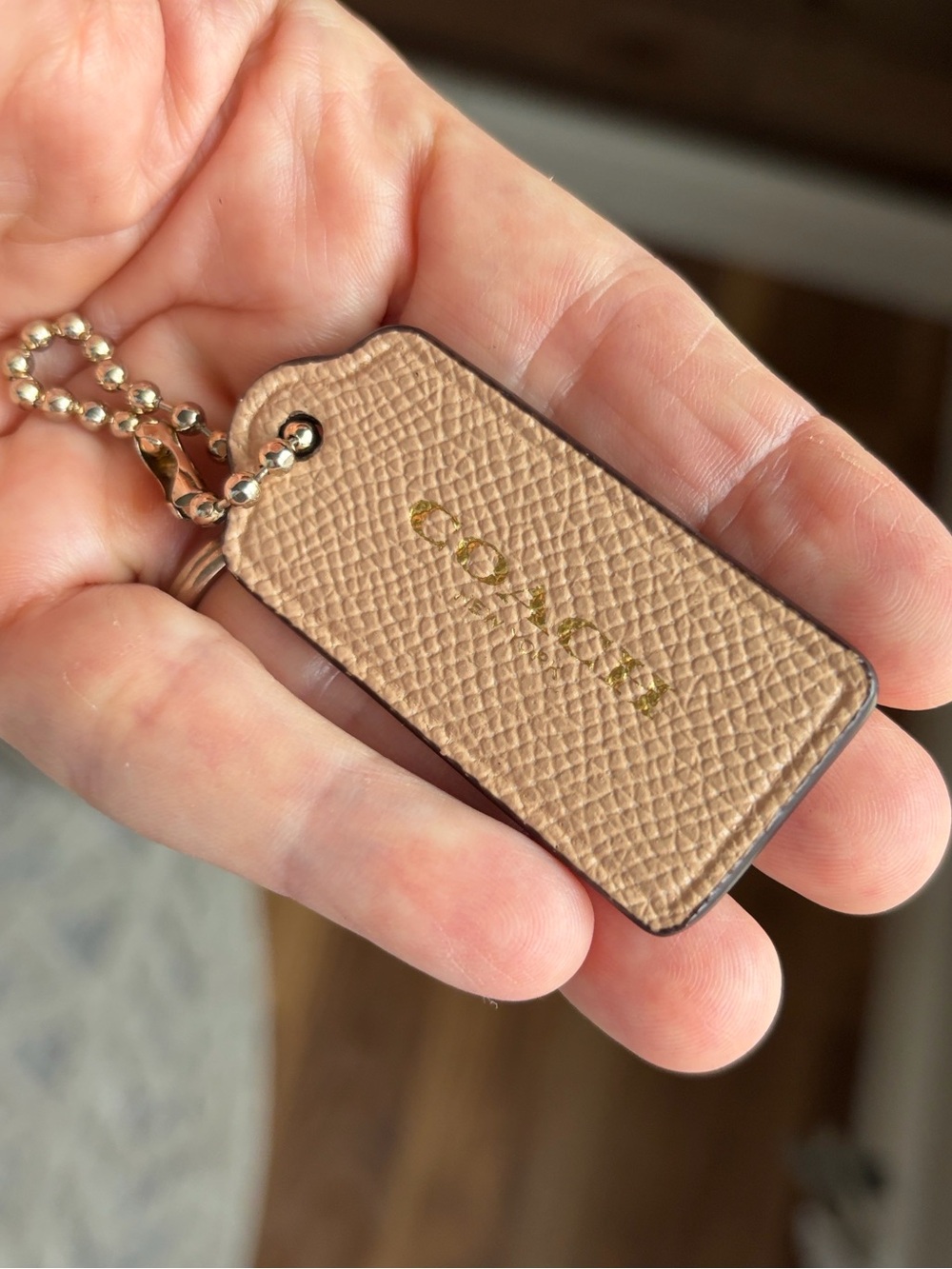 Coach Tan Pebbled Leather Key Tag in Tan with Gold Hardware
